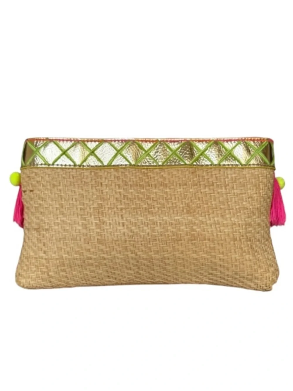 Lilly Pulitzer Baja Natural Woven Straw Fringe Pom Pom Clutch Bag